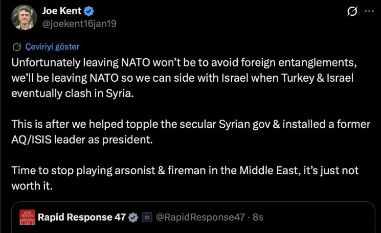 oktayyildirim__'s tweet photo. İkisi de aynı şeyi söylüyor.

İkisi de Türkiye ile Suriye’nin savaşa sokulacağını anlatıyor.

Eski ABD Ulusal Terörle Mücadele Merkezi Direktörü Joe Kent,  “ Türkiye ile İsrail Suriye’de sonunda karşı karşıya geldiğinde İsrail’in yanında yer alabilmek için NATO’dan ayrılacağız”

Eski hükümet yetkilisi, emekli albay Douglas Macgregor

“Şimdi dikkatinizi Türkiye’nin yok edilmesine çevirmeniz gerekecek”

#IranWar #Israël