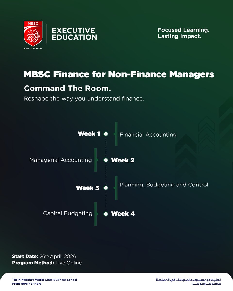 mbsckaec's tweet photo. With MBSC Executive Education's Finance for Non-Finance Managers program you'll move from fundamentals to financial fluency in four weeks.
Begin your executive learning journey and learn more through the link in our bio.
#MBSC
#Exec_Ed
#Executive_Education https://t.co/8yyZitYpJI