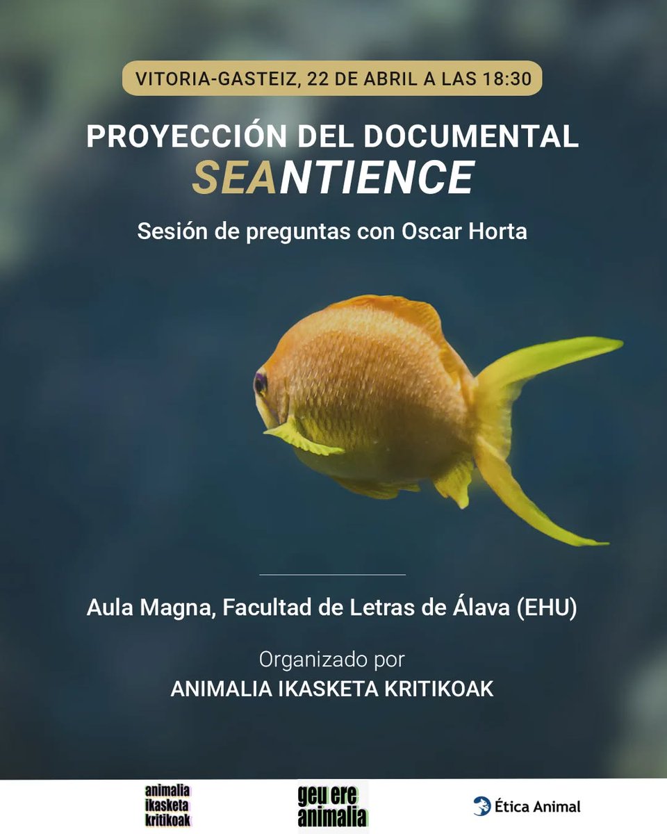 ¿Sabías que peces, pulpos, cangrejos y gambas pueden experimentar sensaciones y emociones?

El documental #Seantience explora esta y otras cuestiones.

El 22 de abril se presentará en el Aula Magna de la Facultad de Letras (UPV/EHU) con la presencia de Oscar Horta.