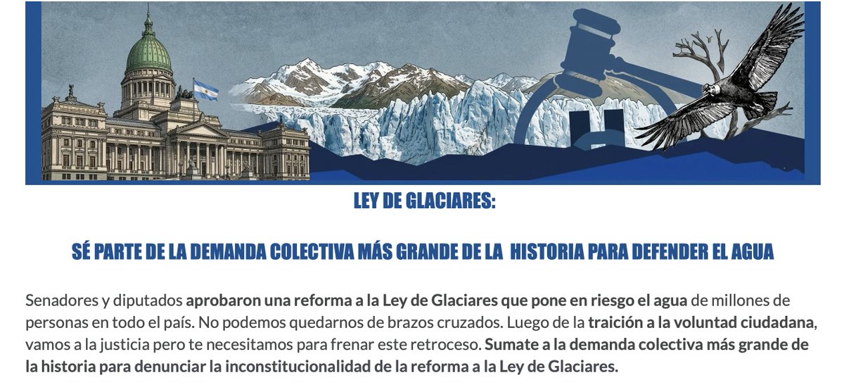 🇦🇷 #LeyDeGlaciares • Lo importante: <a href="/farnargentina/">FARN</a>, <a href="/AbogadesAmbient/">Asoc. Argentina de Abogadxs Ambientalistas / CAJE</a> y <a href="/GreenpeaceArg/">Greenpeace Argentina</a> convocan a la ciudadanía a sumarse a una demanda colectiva para frenar la recién sancionada reforma a la ley

Podés sumarte aquí: landing.infogreenpeace.org/accion-colecti…
