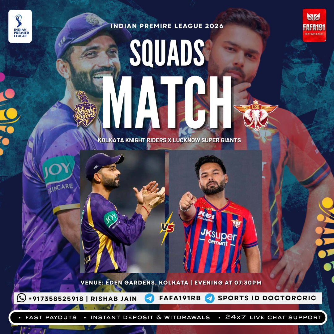 2B1ackjack's tweet photo. Series : Indian Premier League 2026 | 17th Match
#KKRvsLSG
Venue: Eden Gardens, Kolkata

Register - https://t.co/vgDY9RCrza

Telegram: FAFA191RB

#ajinkyarahane #Rishabhpant #lsgvskkr #rinkusingh #nicolaspuran #ipl2026 #cricketfans https://t.co/XP1sZiUBrd