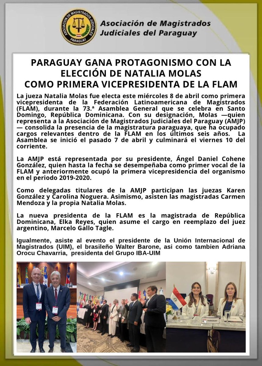AMJPINFO's tweet photo. Representantes de la magistratura paraguaya durante la 73.ª Asamblea General de la FLAM, desarrollada en Santo Domingo, República Dominicana.
@FLAM_asociacion https://t.co/IKFGQXEnLb