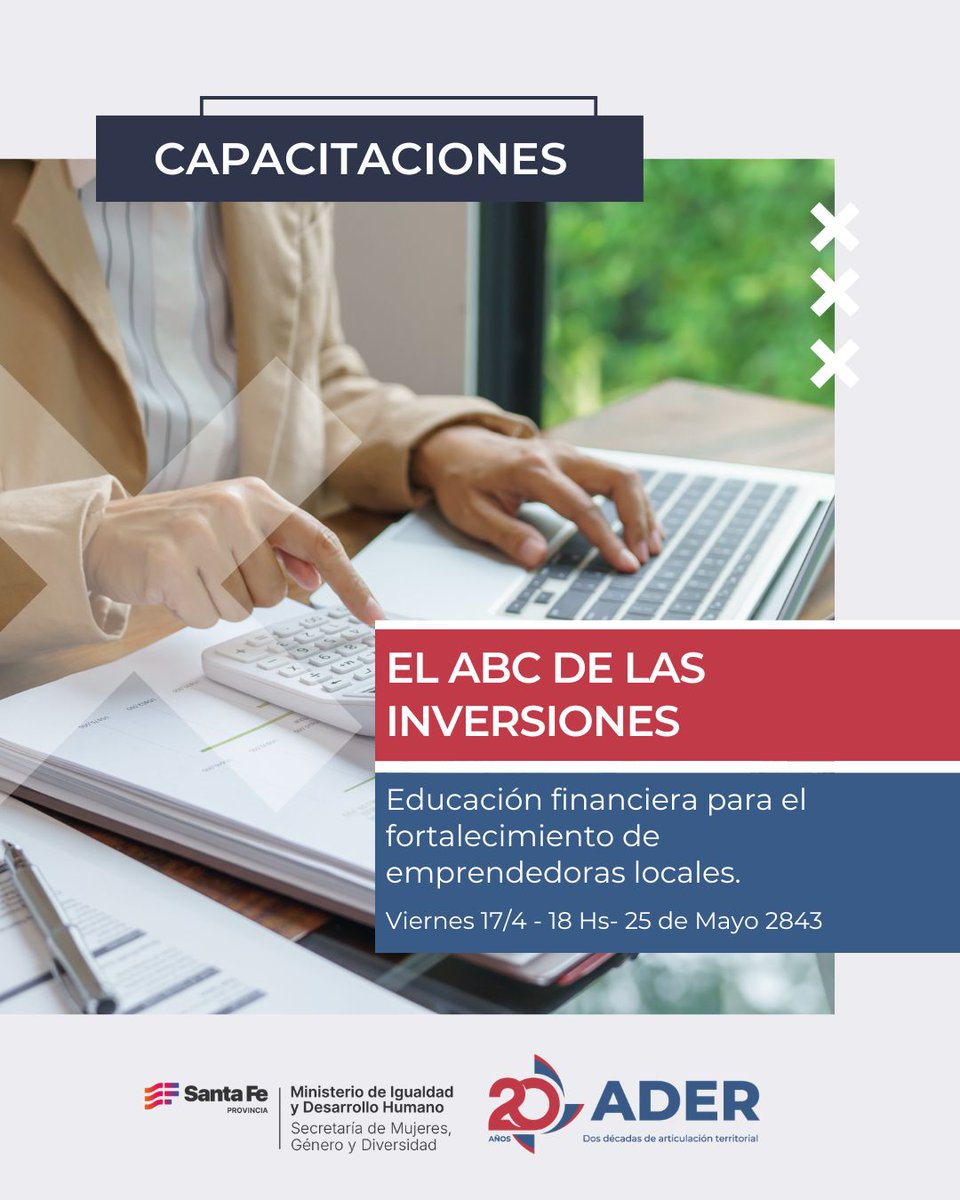 ADERSANTAFE's tweet photo. Inscripciones abiertas | El ABC de las inversiones

Propuesta de educación financiera orientada a mujeres y diversidades, con herramientas para mejorar la gestión económica y la toma de decisiones.
📅 17/4 – 18 hs
📍 25 de Mayo 2843
⚠️ Cupos limitados

👉 https://t.co/UO2NG0miTv https://t.co/v2SPtpgDmF