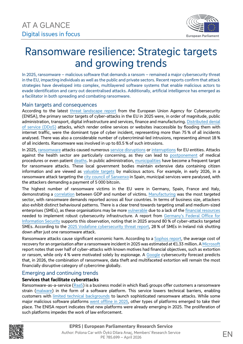 EP_EPRS's tweet image. 🔴In 2025 #ransomware remained the most impactful #cybercrime in the EU, affecting individuals and both the public and private sectors.

Interested in the latest trends? 
⬇️Read our note
europarl.europa.eu/thinktank/en/d…

@EP_Industry @bbudka @tsvetypenkova @giorgio_gori @YVerougstraete