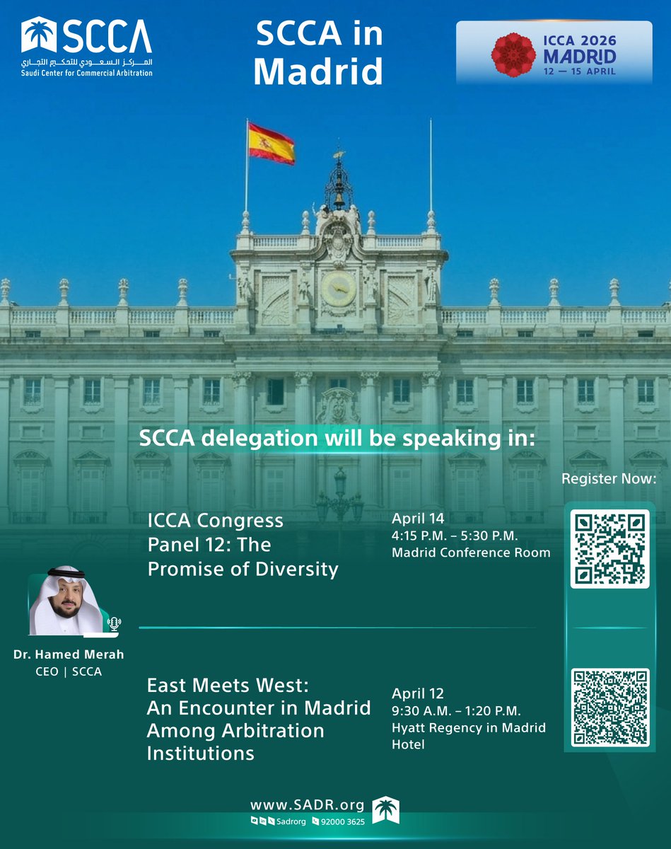 Sadrorg's tweet photo. #SCCA is participating in the ICCA 2026 Madrid, represented by its CEO, Dr. Hamed Merah, in Madrid. 

Dr. Merah will be speaking in one of the congress sessions, as well as in several accompanying events, engaging with a distinguished group of experts in international #arbitration and the #DisputeRresolution industry.

#ICCA Congress 
Panel 12: The Promise of Diversity

📅 Tuesday, 14 April
⏰ 04:15–05:30 PM
🔗 Register: https://t.co/bwk9IGhE9K

East Meets West: An Encounter in Madrid among Arbitration Institutions

📅 Sunday, 12 April 
⏰ 09:30–01:20 PM
🔗 Register:
https://t.co/13jEDkos5C

See you in #Madrid!
