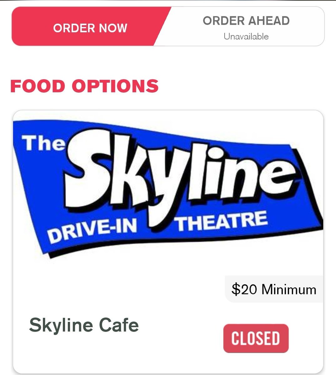 No one likes waiting in line. At The Skyline, you can order your concessions through the FanFood app instead!  And when your order is ready, you'll get a text to pick it up at our window. Fast, easy, and back to the movie! FanFood is free to download.