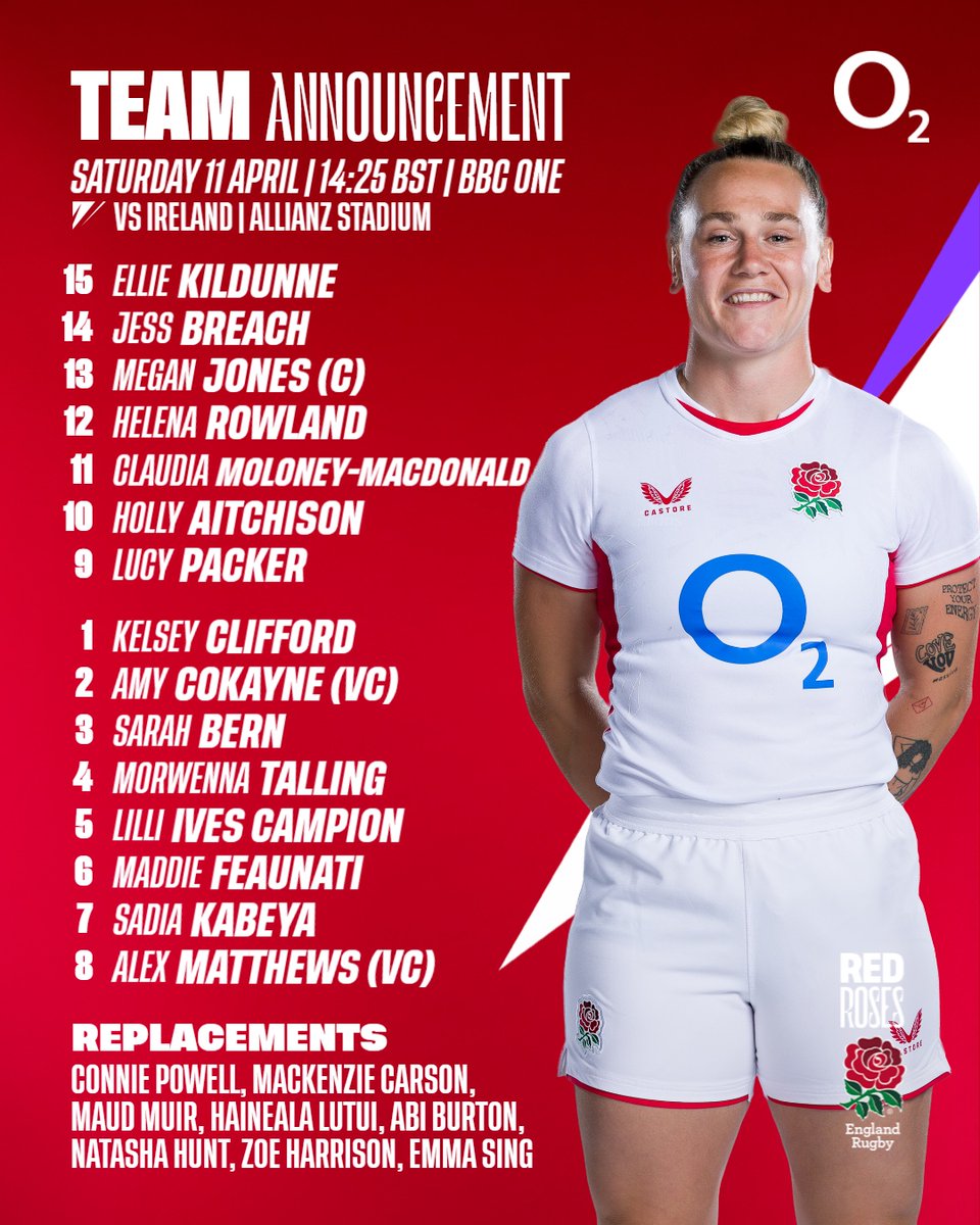 RedRosesRugby's tweet photo. Back and blooming 🌹

John Mitchell has named his match day squad to face Ireland in our opening game of the @Womens6Nations.

@O2 | #WearTheRose