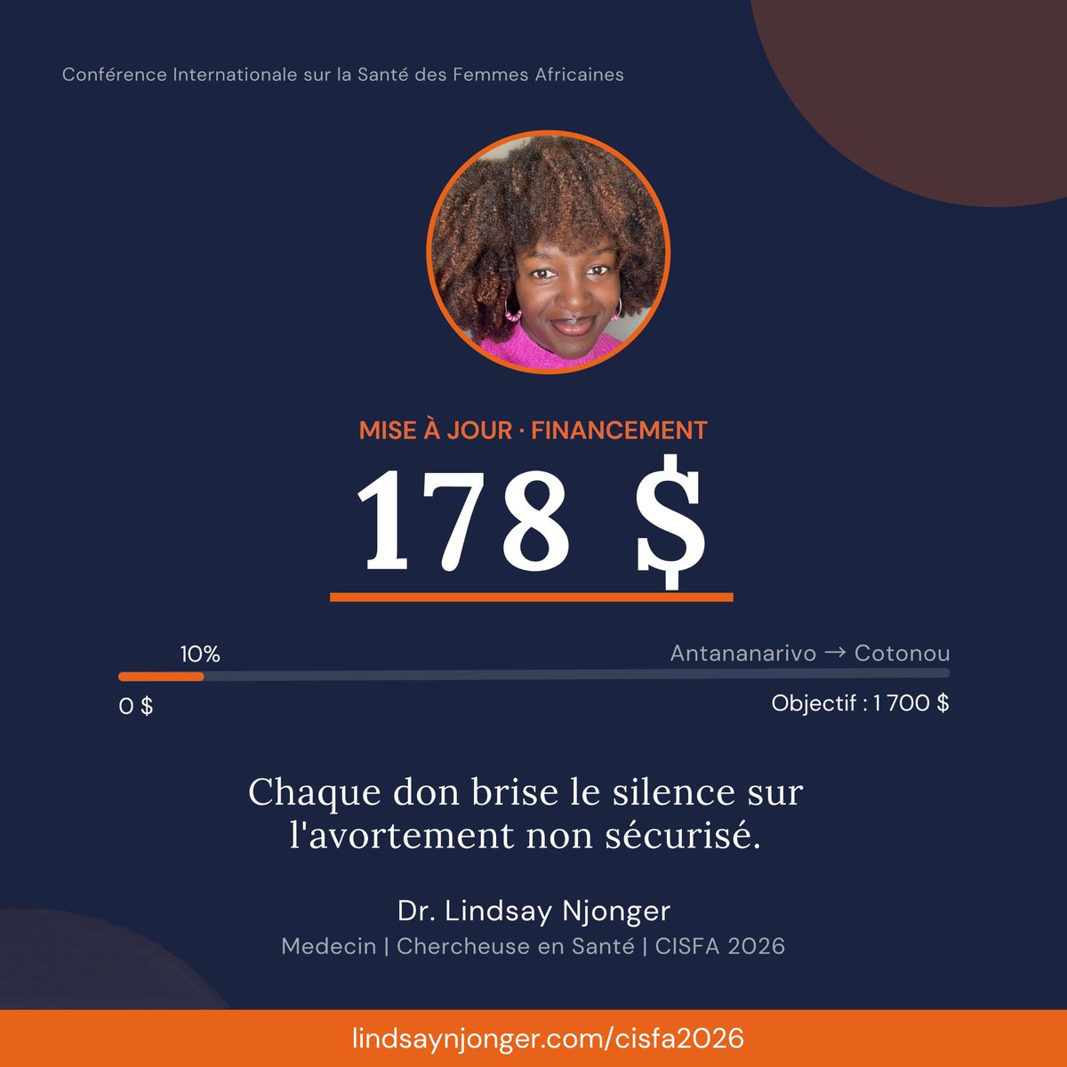Déjà 178$ reçus. 🥹

🙏🏾Merci à toustes pour vos contributions, pour vos partages, vos recommandations et messages d’encouragement. 
Chaque participation permet de faire avancer la lutte pour les droits des femmes à Madagascar. 
Rdv sur : lindsaynjonger.com/cisfa2026/
#LindsayAtCISFA
