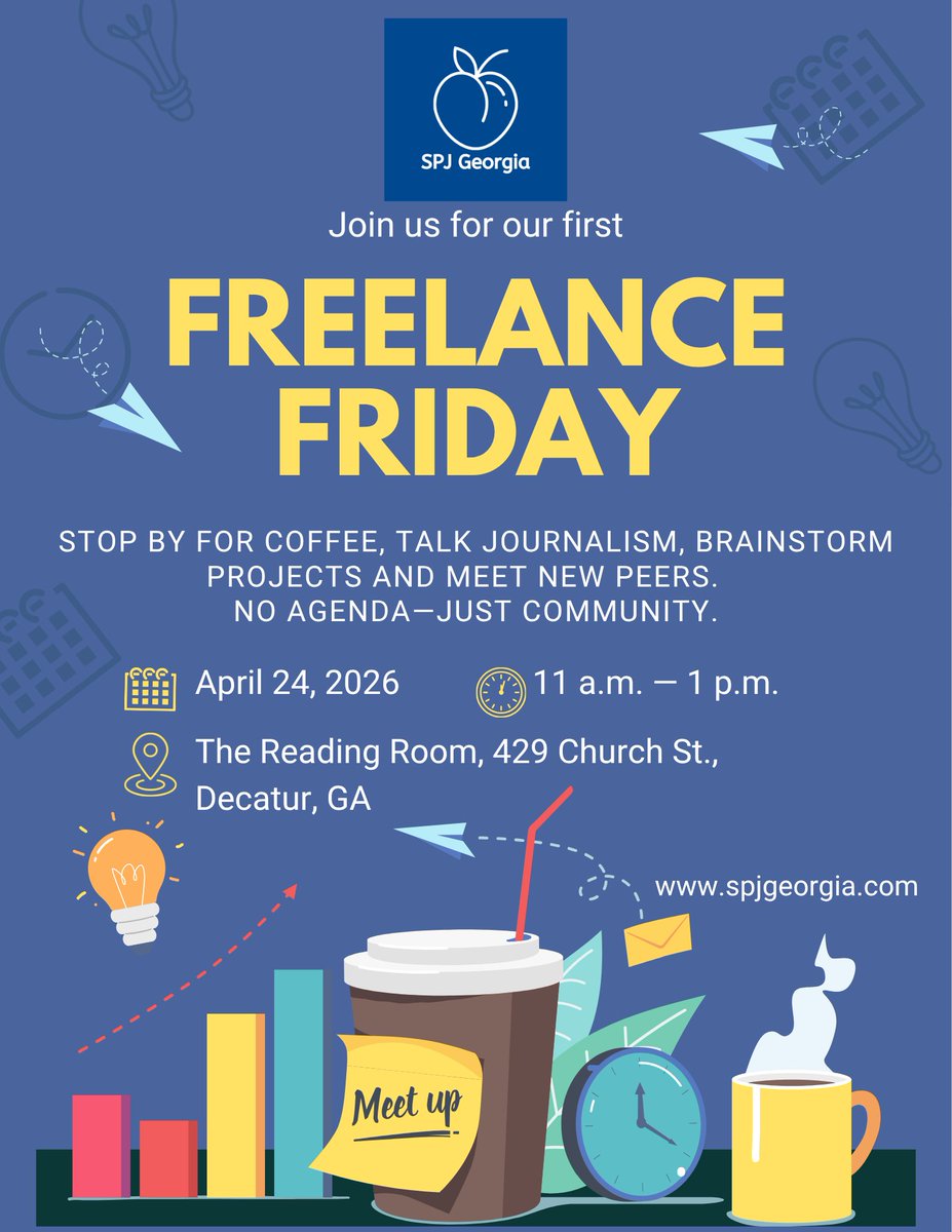 SPJGeorgia's tweet photo. Join us for our first Freelance Friday on April 24th at The Reading Room in Decatur! #freelancelife #journalismmatters #spjgeorgia2026 https://t.co/oDMBJ4EOFw