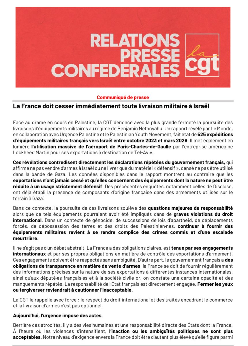 lacgtcommunique's tweet image. La France doit cesser immédiatement toute livraison militaire à #Israël 

Le respect du droit international et des traités encadrant le commerce et la livraison d’armes n’est pas optionnel

Le communiqué CGT ⬇️
cgt.fr/comm-de-presse…