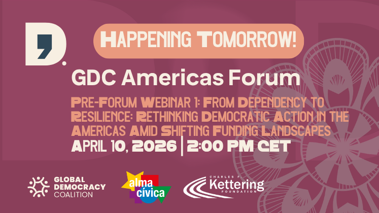 GloDemCoalition's tweet photo. The moment has arrived. Tomorrow, we open a conversation the Americas cannot afford to delay, and this is the final chance to register.

Across the region, civic actors are facing tightening political pressure, shrinking civic space, and a rapidly shifting funding landscape. These changes are forcing organizations to rethink how they sustain their work, protect participation, and defend democratic accountability.

Tomorrow’s webinar, “From Dependency to Resilience: Rethinking Democratic Action in the Americas Amid Shifting Funding Landscapes,” dives directly into these challenges. We’ll explore how civil society is adapting—experimenting with new sustainability models, strengthening alliances, and redefining resilience under constraint.

Joining us are leading voices in this transformation: @blairglencorse, Co‑CEO, @AccountLab; Angela Carrillo, Executive Director, @REDLADoficial; Dr. Cassandra Emmons, Global Democracy Data Advisor at the Center for Applied Research & Learning, @IFES1987, Luis José Consuegra, Resource Mobilization and Partnerships Adviser, @Int_IDEA; and @paulinaaibarra, Executive Director, @FMultitudes.

If you are committed to the future of civic space and democratic innovation in the Americas, this is your last opportunity to be part of the discussion. Insights will directly shape the 2026 Global Democracy Coalition Americas Regional Forum.

Registration closes shortly. Links in the comments.
#GDCAmericasForum #GDCForum2026 #KeepDemocracyAlive
@AlmaCivica