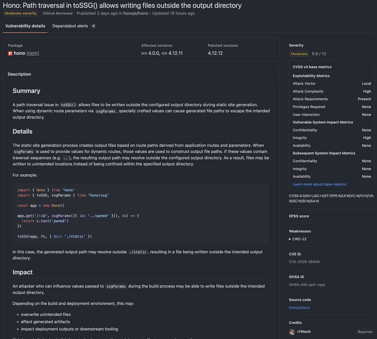 Hono の脆弱性を2件報告し、CVE が発行されました。

CVE-2026-39409: 
github.com/advisories/GHS…
CVE-2026-39408: 
github.com/advisories/GHS…
