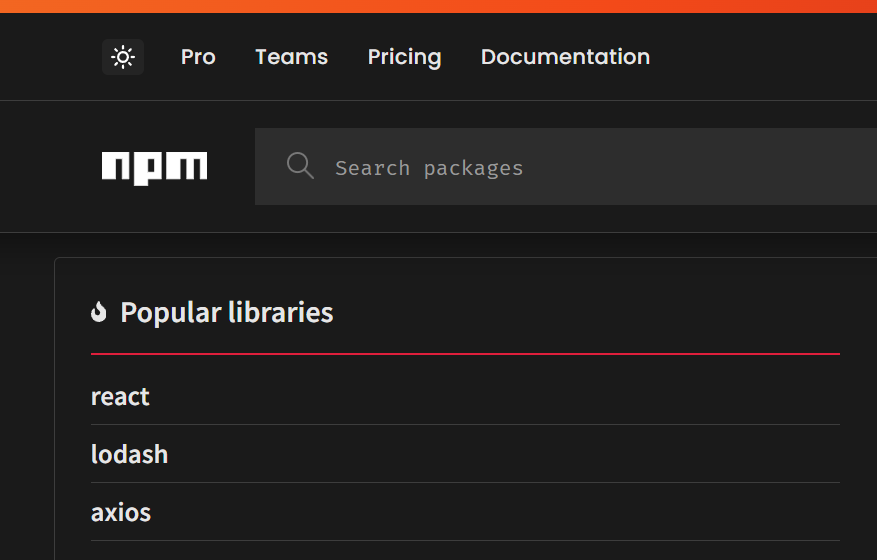 Simek's tweet photo. Finally, the @npmjs registry website has dark theme support! I’ve been waiting for this for years - thanks for saving my eyes. 😄 https://t.co/8rwJxTilkR