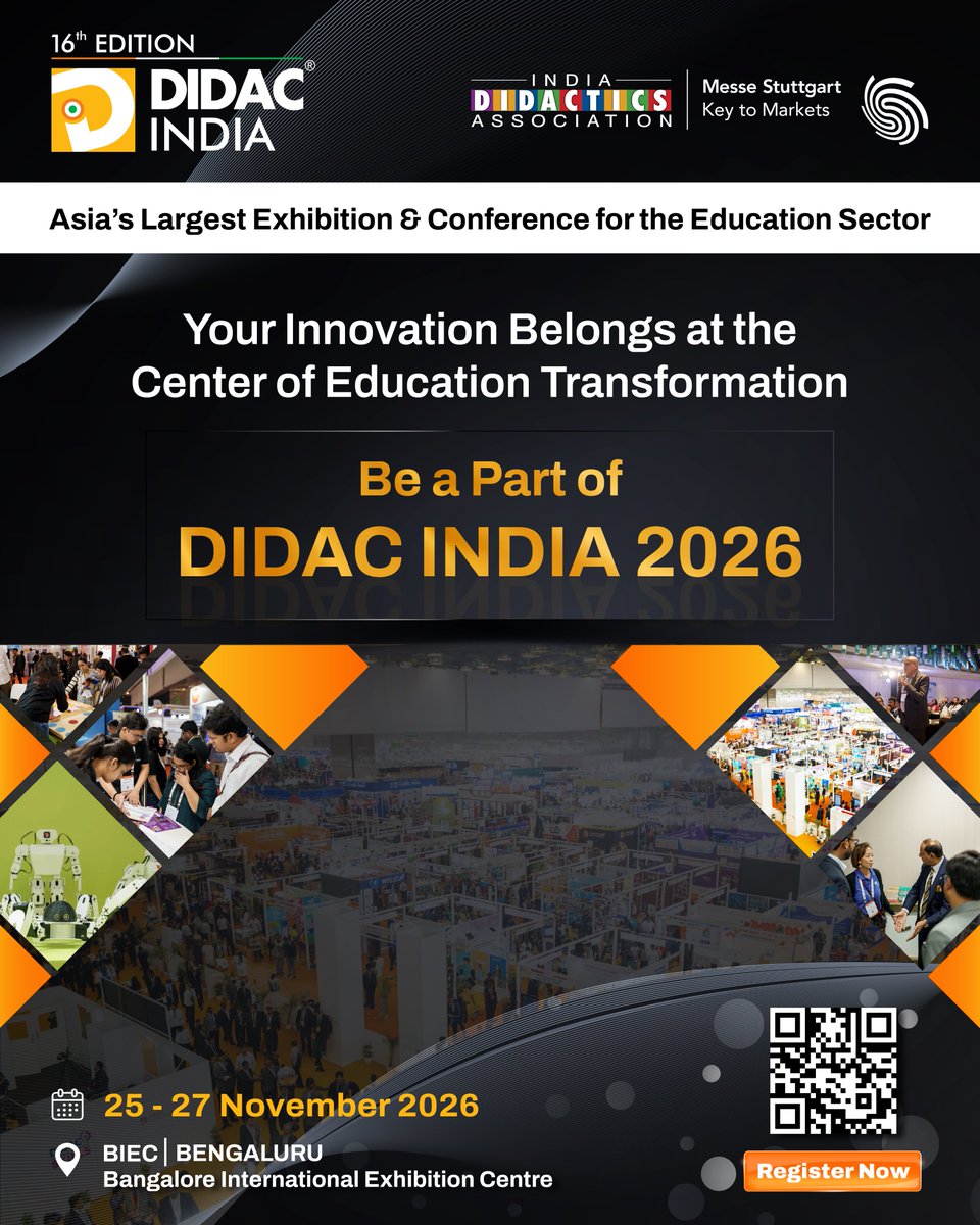 DidacIndia's tweet photo. At DIDAC INDIA 2026, breakthrough technologies, visionary educators and global leaders converge to shape what’s next in learning.

📅 25 - 27 November 2026
📍 Bangalore International Exhibition Centre (BIEC)

🔗 Register now : https://t.co/Xx3MKrDmhm

#DidacIndia2026 https://t.co/iqjr4kMiBZ