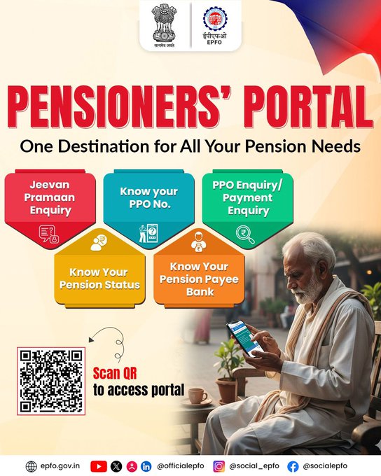 Convenience for every pensioner. Explore seamless services on the EPFO Pensioners’ Portal.  #EPFOwithYou #HumHainNa #ईपीएफओ #EPFO #Pensioners

<a href="/narendramodi/">Narendra Modi</a>

<a href="/mansukhmandviya/">Dr Mansukh Mandaviya</a>
<a href="/ShobhaBJP/">Shobha Karandlaje</a>
<a href="/PMOIndia/">PMO India</a>
<a href="/LabourMinistry/">Ministry of Labour & Employment, GoI</a>
<a href="/PIB_India/">PIB India</a>
<a href="/mygovindia/">MyGovIndia</a>