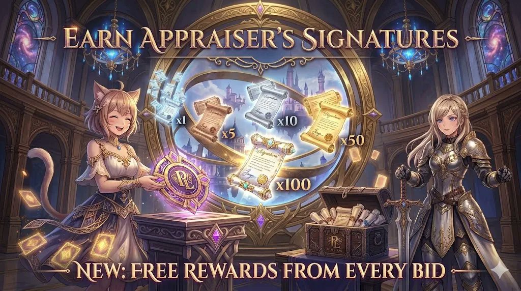 🎉 NEW FEATURE — Earn Signatures From Every Bid!

Something new just dropped — and it costs you nothing extra.

Every bid you place now has a chance to reward you with an Appraiser's Signature, completely free.

🎯 The more you bid, the more chances you get
🃏 Signatures drop