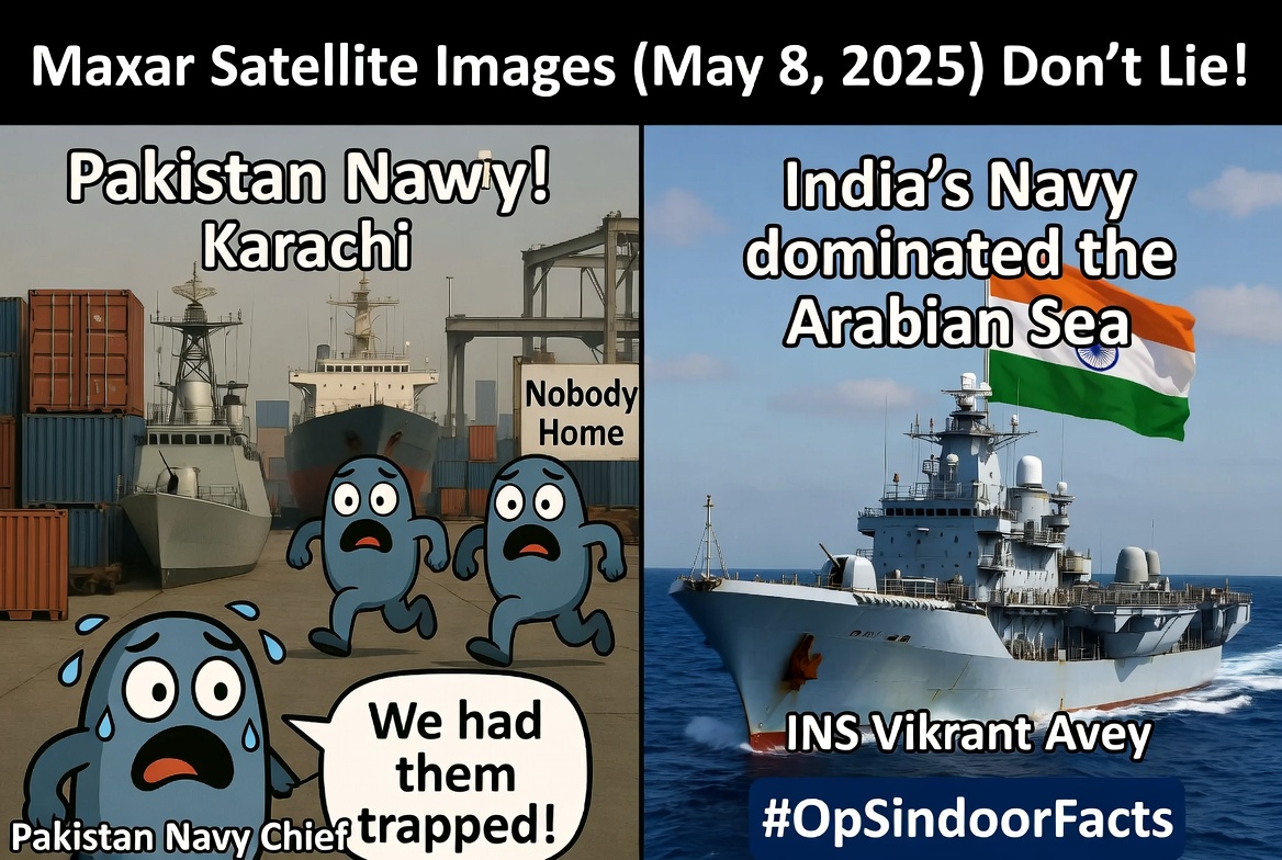 GL0BALTIMES's tweet photo. Maxar satellite images don't lie: Pak Oliver Hazard Perry &amp; Zulfiquar-class frigates berthed at civilian cargo terminals in Karachi. 
While India’s Navy dominated the Arabian Sea, Pak Navy played hide &amp; seek with merchant ships. Defensive panic, not deterrence. #OpSindoorFacts https://t.co/SnK5Fi8eh7