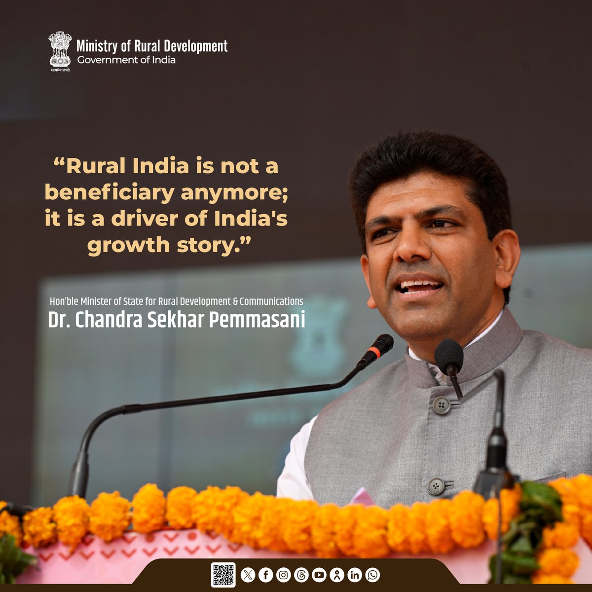 MoRD_GoI's tweet image. Rural India is not a beneficiary anymore; it is a driver of India's growth story.

-Hon’ble Minister of State for Rural Development &amp;amp; Communications, Dr. Chandra Sekhar Pemmasani

#SchemesofRD #MoRD #RuralDevelopment #ViksitBharat #AatmanirbharBharat