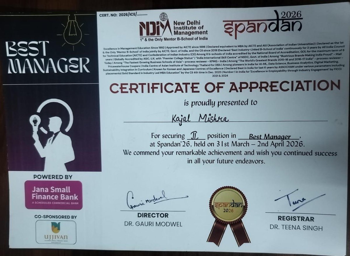 ITSEduGroup's tweet photo. I.T.S School of Management, Ghaziabad, is proud to share the participation experience of its students in the "Managerial Maverick" competition, held at New Delhi Institute of Management on 31st March, 2026.
#ManagementEducation #SpandanFest #NDIM #ProudMoment https://t.co/RN2rikyWet