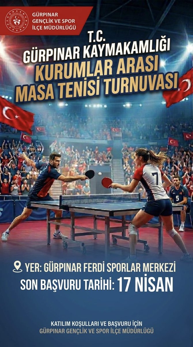 Gkaymakamlik's tweet photo. 📣 Kaymakamlık Spor Turnuvaları Başlıyor! 🏓🏐

Kaymakamlığımız ile Gençlik ve Spor İlçe Müdürlüğü koordinesinde, kurumlar arası dayanışma ve sportif faaliyetleri artırmak amacıyla iki ayrı turnuva düzenlenecektir.

🏓 Kaymakamlık Masa Tenisi Turnuvası
Turnuvaya kamu kurum ve kuruluşlarında görev yapan personeller bireysel olarak katılabilecektir.

🏐 Kaymakamlık Kurumlar Arası Voleybol Turnuvası
Turnuvaya kamu kurum ve kuruluşları, takım oluşturarak katılım sağlayabilecektir.

@yasinerdem92