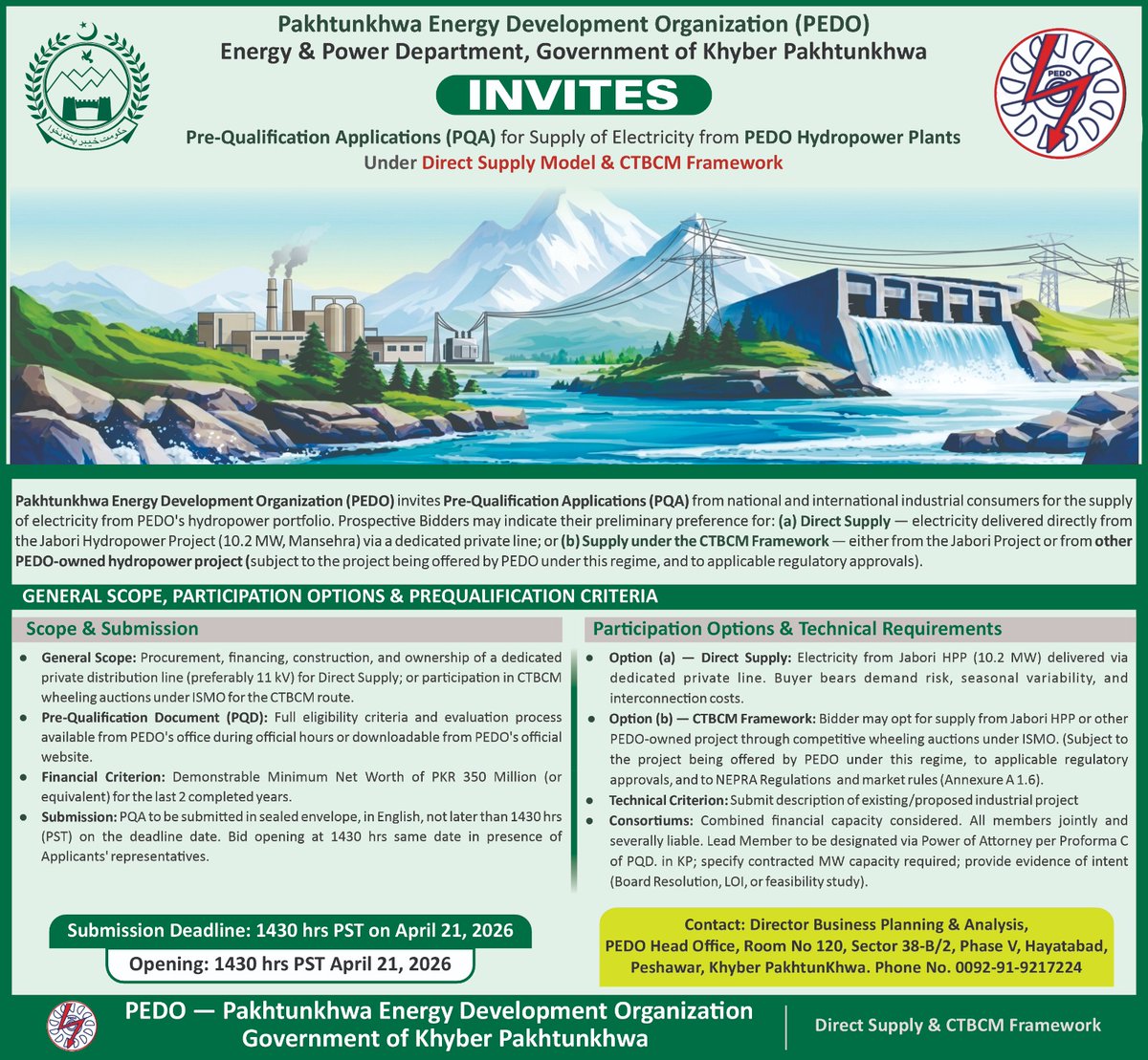 Pre-Qulafication Applications(PQA) for supply of electricity from PEDO Hydropower Plants under Direct supply model &amp; CTMCM Framework.