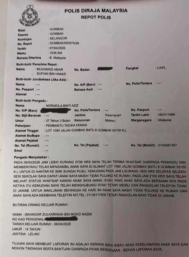 MENCARI BUDAK HILANG @ GOMBAK

Seorang budak lelaki didapati hilang kerana tidak pulang ke rumah dari sekolahnya (SMK Sungai Pusu) sejak isnin petang (6/4/2026) hingga kini.

Nama: Iskandar Zulkarnain Bin Mohd Nazmi
Alamat: Batu 8, Jalan Gombak
Umur: 14 tahun
No fon: 013-2237506