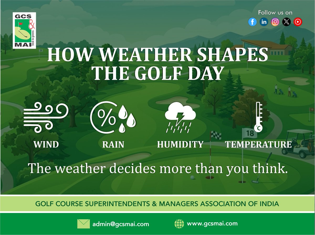 GcsMai's tweet photo. The weather decides more than you think 🌦️⛳ Wind, humidity, rain &amp; temperature quietly shape every golf day—from course setup to player strategy.

#Greensuperintendent #GolfIndia #Turftalks #Behindthegreens #GCSMAIImpact #GreensuperGolf #GolfEventManagement #GolfDay #GolfLife https://t.co/jU9kFvCRBh