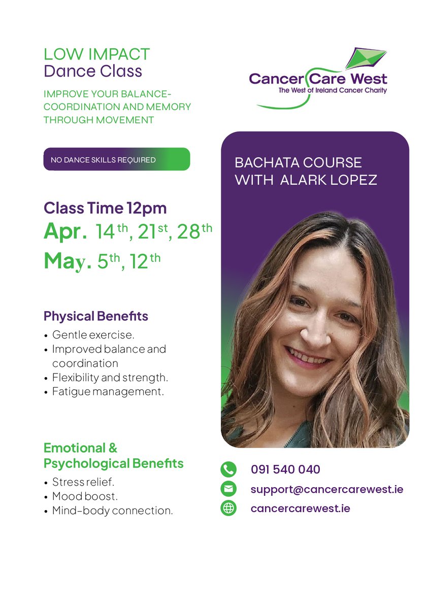 cancercarewest's tweet image. Sign up for our next #danceclass on April 14th. This is a low impact class to help improve #balance, #coordination &amp;amp; #memory. Free to attend &amp;amp; all welcome. Get in touch with us on 091 540040 to book your place 🕺💃🏻

#flexibility #cancersupport #bachata #galway #exercise