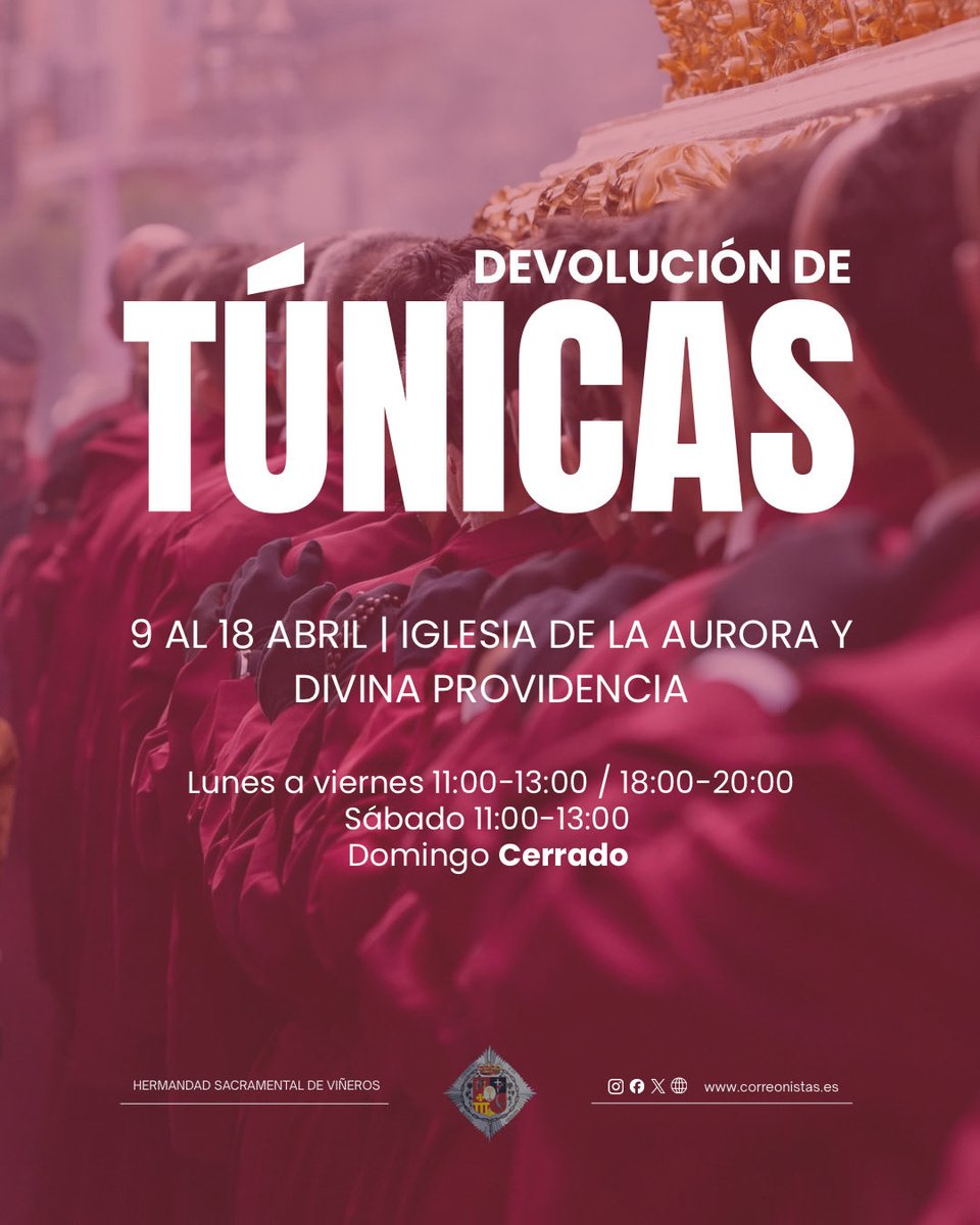 correonistas's tweet photo. 📌 𝐑𝐞𝐜𝐨𝐫𝐝𝐚𝐭𝐨𝐫𝐢𝐨

Todos los nazarenos y correonistas debían haber entregado la túnica el Jueves Santo.

Aquellas personas que no lo hayan hecho aún deberán entregarla en estos próximos días.

Agradecemos vuestra colaboración.

#CofradíasMLG https://t.co/w6Kg6LnyXW