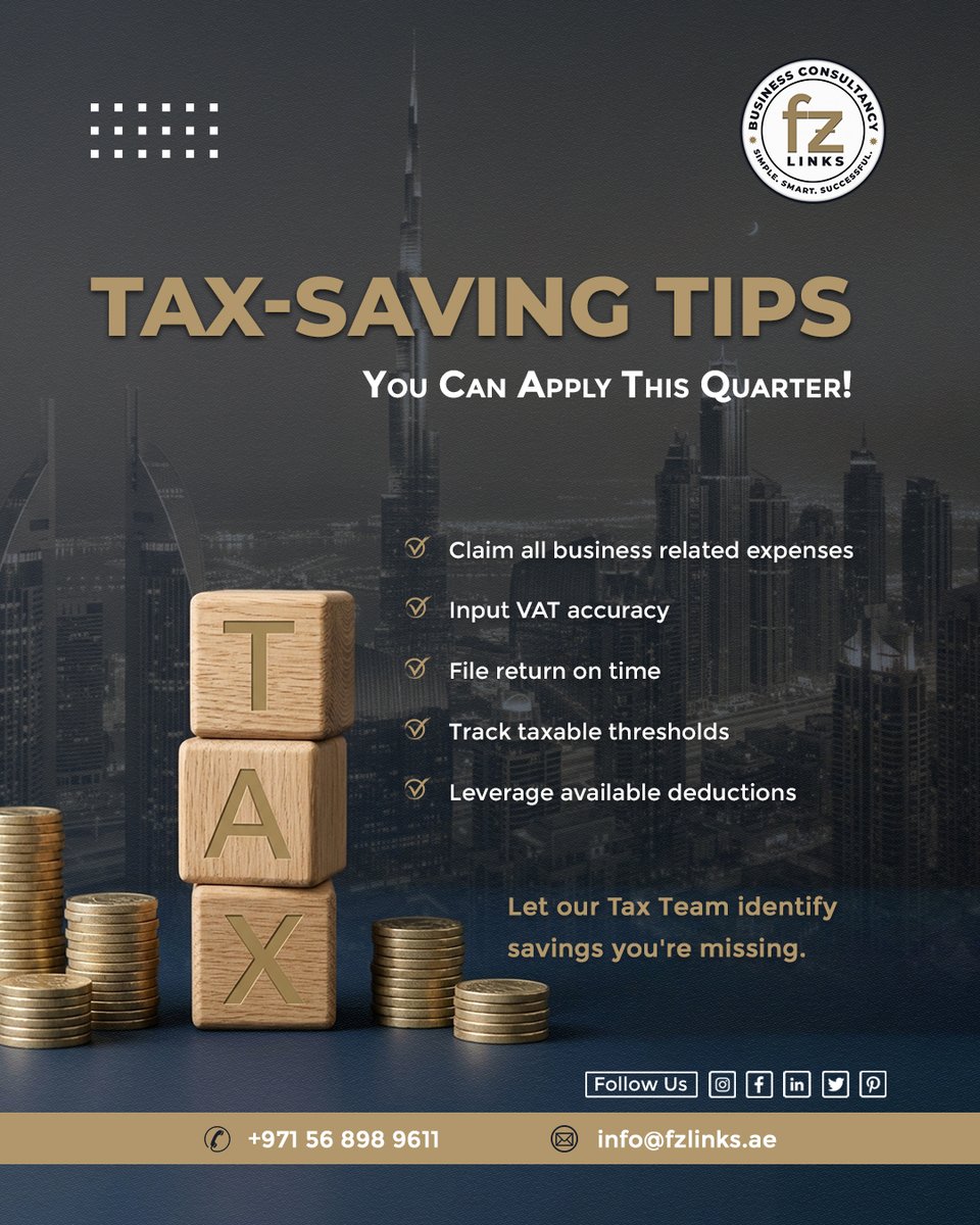 FzLinks's tweet image. Tax-Saving Tips You Can Apply This Quarter!

📞 Contact us today for expert tax planning and compliance support.
📲 +971568989611 | Email: info@fzlinks.ae | 🌐 fzlinks.ae

#TaxSavingTips #UAETax #CorporateTaxUAE #VATUAE #TaxPlanning #BusinessFinance #FZLinks