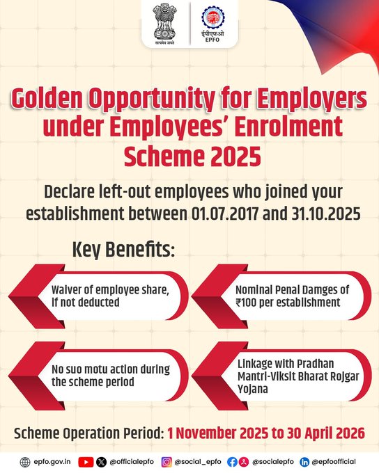 Dear Employer, Declare left-out employees (01.07.2017–31.10.2025) and avail benefits under Employees’ Enrolment Scheme 2025 - a special six months window (1 Nov 2025 – 30 Apr 2026) for employers to regularise past compliance. 
#EPFOWithYou #HumHainNa #EmployeesEnrolmentScheme