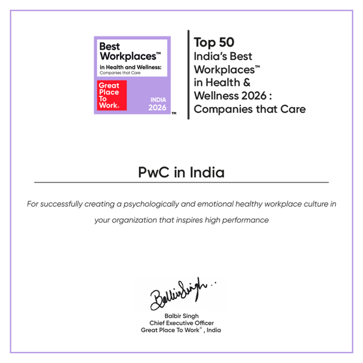 PwC_IN's tweet image. Wellness isn’t just a buzzword—it’s the foundation of a thriving workplace.

That’s why we’re #PwCProud to be named one of India’s Top 50 Best Workplaces in Health and Wellness 2026 by Great Place To Work®.

Here’s to continuing to grow, thrive, and succeed!

#GPTW