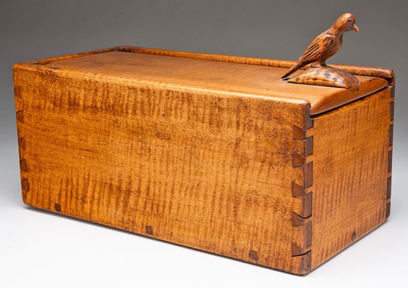 AntiqueDigest's tweet image. Tiger maple slide-lid candle box, with songbird finial, American or Canadian, 19th C, 8" H (including bird) x 6¼" W x 13" D, refinished, bird reglued, sold for $4612.50 (e $300/500) at an auction by Amelia Jeffers maineantiquedigest.com/stories/thanks… #antiques #antique #bird #folkart #box