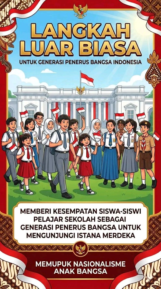 TERIMAKASIH Bapak Presiden Prabowo Subianto yg memberi kesempatan siswa² sekolah sbg Generasi Penerus Bangsa utk mengunjungi Istana Merdeka.
<a href="/YandriSusanto/">Yandri Susanto</a> 
@SekretariatNegaraRI 
#BPSDMKementerianDesaPDT
#TerimakasihBapakPresiden 
#IstanaMerdeka #MemupukNasionalismeAnakBangsa