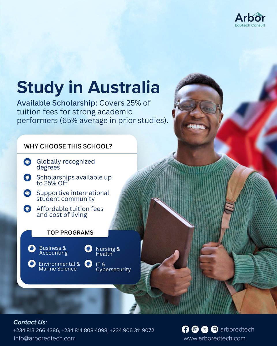 ArborEdtech's tweet photo. Study in Australia 🇦🇺 and take the next step toward a globally recognized degree.

🎓 Scholarship Opportunity: Up to 25% off tuition fees for strong academic performers (minimum 65% average).

Start your journey to an international career today. https://t.co/SceW1sfYX7