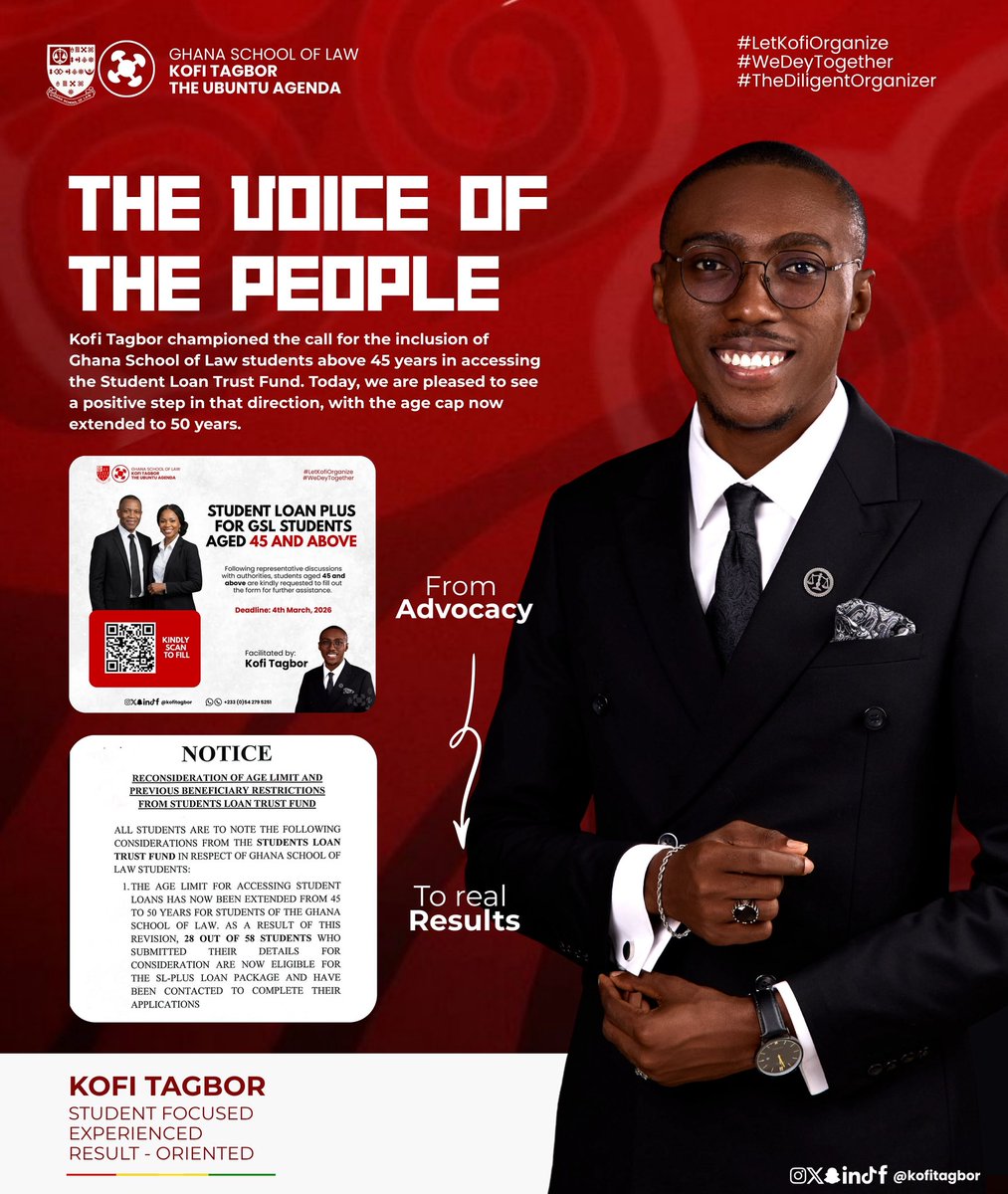 The age cap has officially been extended from 45 to 50 years, following sustained advocacy efforts by Kofi Tagbor.

Indeed, this is a student-focused intervention driven by an experienced and results-oriented leader.

#WeDeyTogether
#LetKofiOrganize
#TheDiligentOrganizer