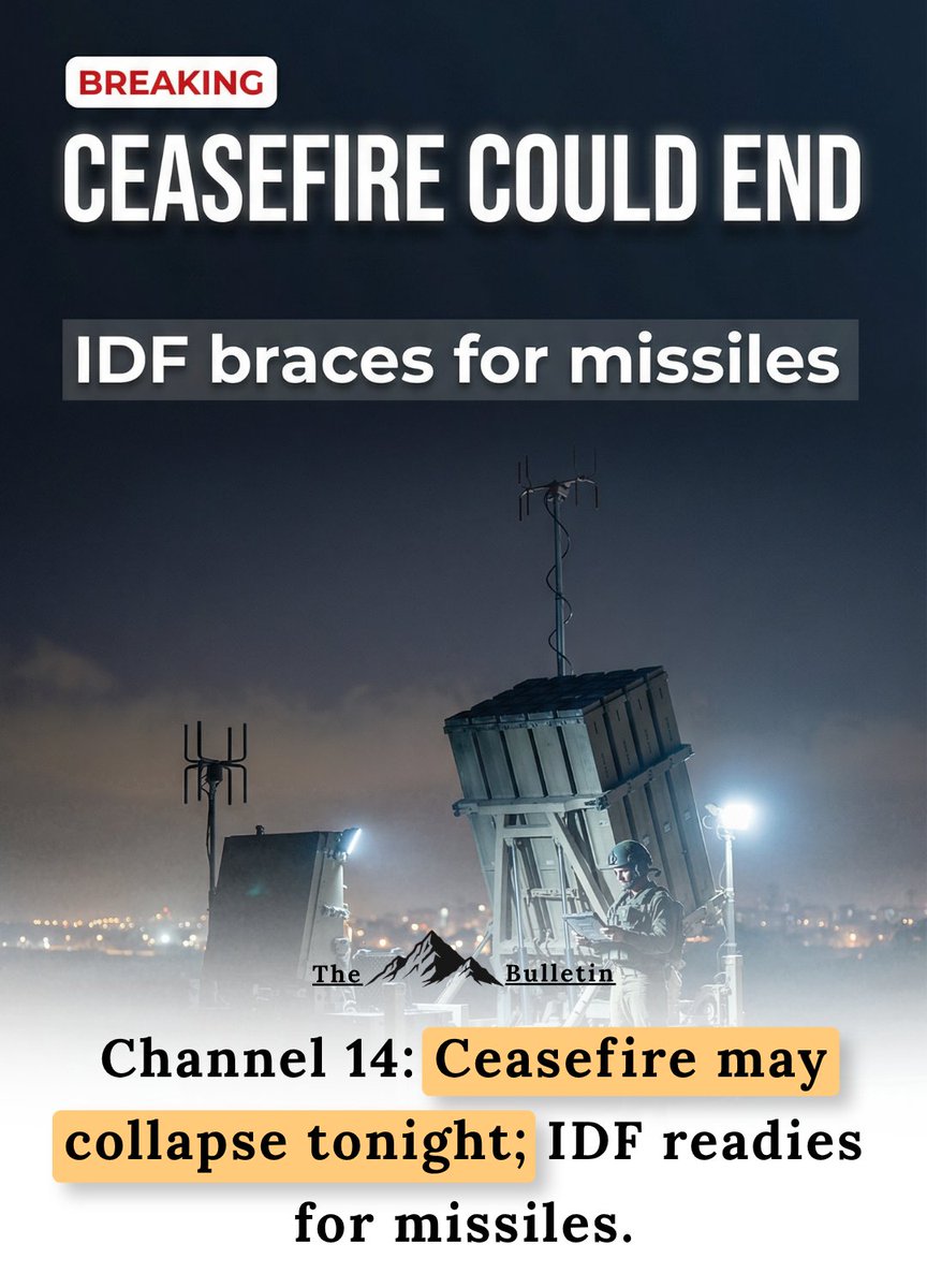 hillbulletin's tweet photo. Ceasefire may collapse tonight, per Israel’s Channel 14.

They cite new intel pointing to Iran ending it.

This comes as Israeli strikes on Hezbollah targets in Lebanon continue. https://t.co/FuBpW1n6kJ