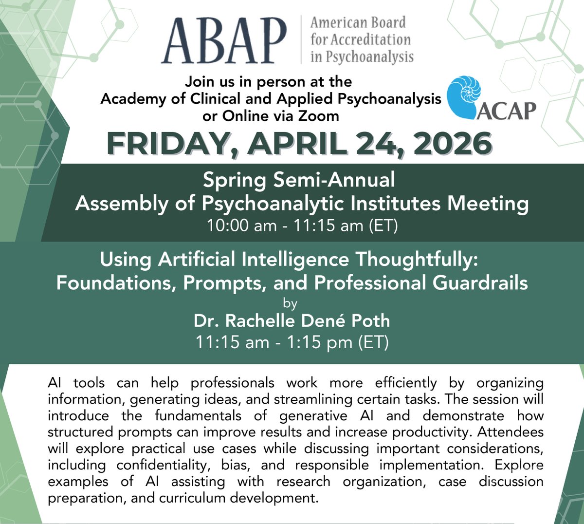naap_org's tweet image. How can psychoanalytic pros use AI thoughtfully &amp;amp; ethically? Join us Apr 24 🧠 at ACAP or Zoom! ✨ Free! 🔗 abapinc.org/semi-annual-ap… #ABAP #ACAP #Psychoanalysis #AIinMentalHealth #ContinuingEducation #ClinicalPractice #ProfessionalDevelopment #NAAP