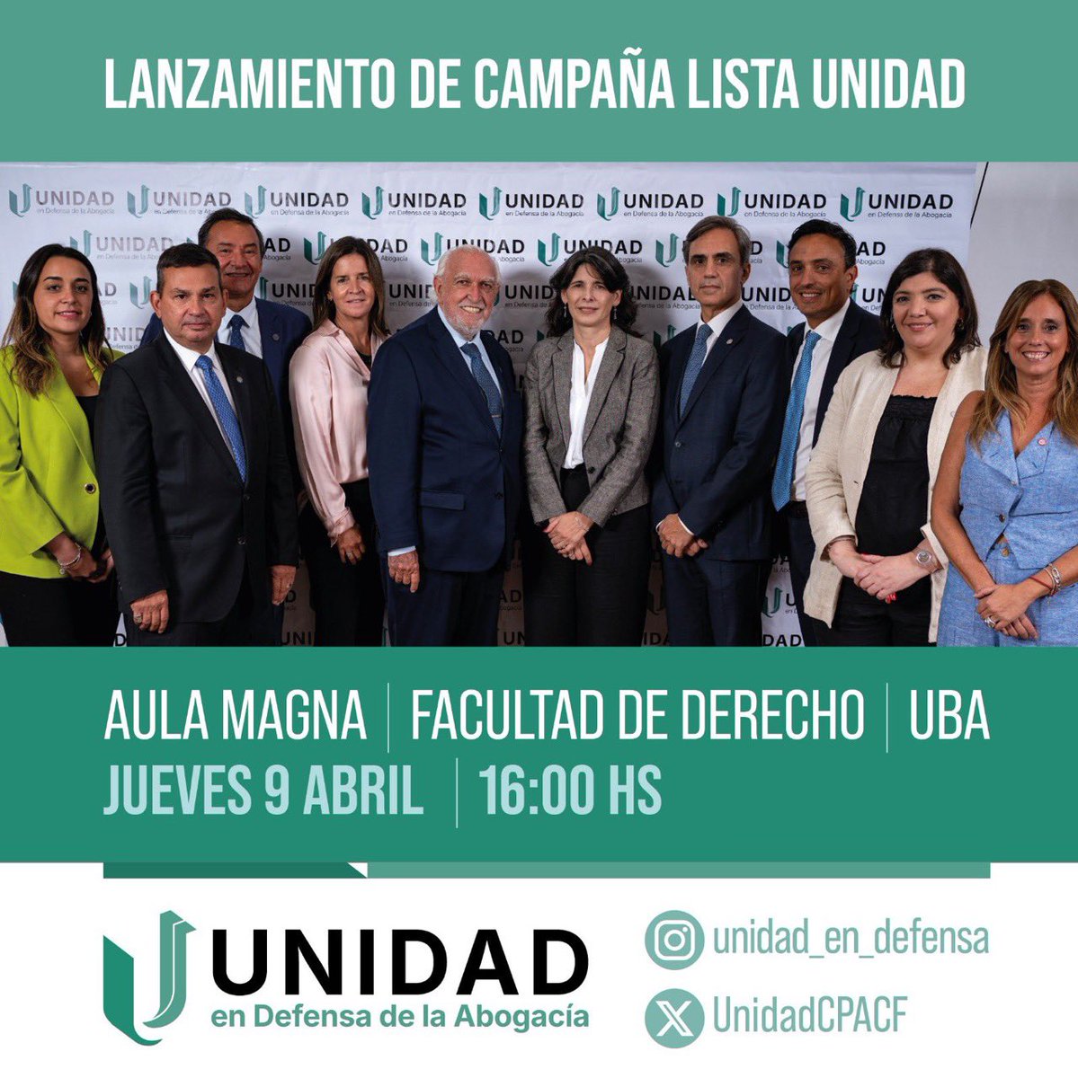 Hoy, jueves 9 de abril a las 16 hs, presentamos a nuestros candidatos en el Aula Magna de la Facultad de Derecho (UBA).  

Lista Unidad en Defensa de la Abogacía.  
<a href="/UnidadCPACF/">Unidad en Defensa de la Abogacía</a>  

¡Te esperamos!
