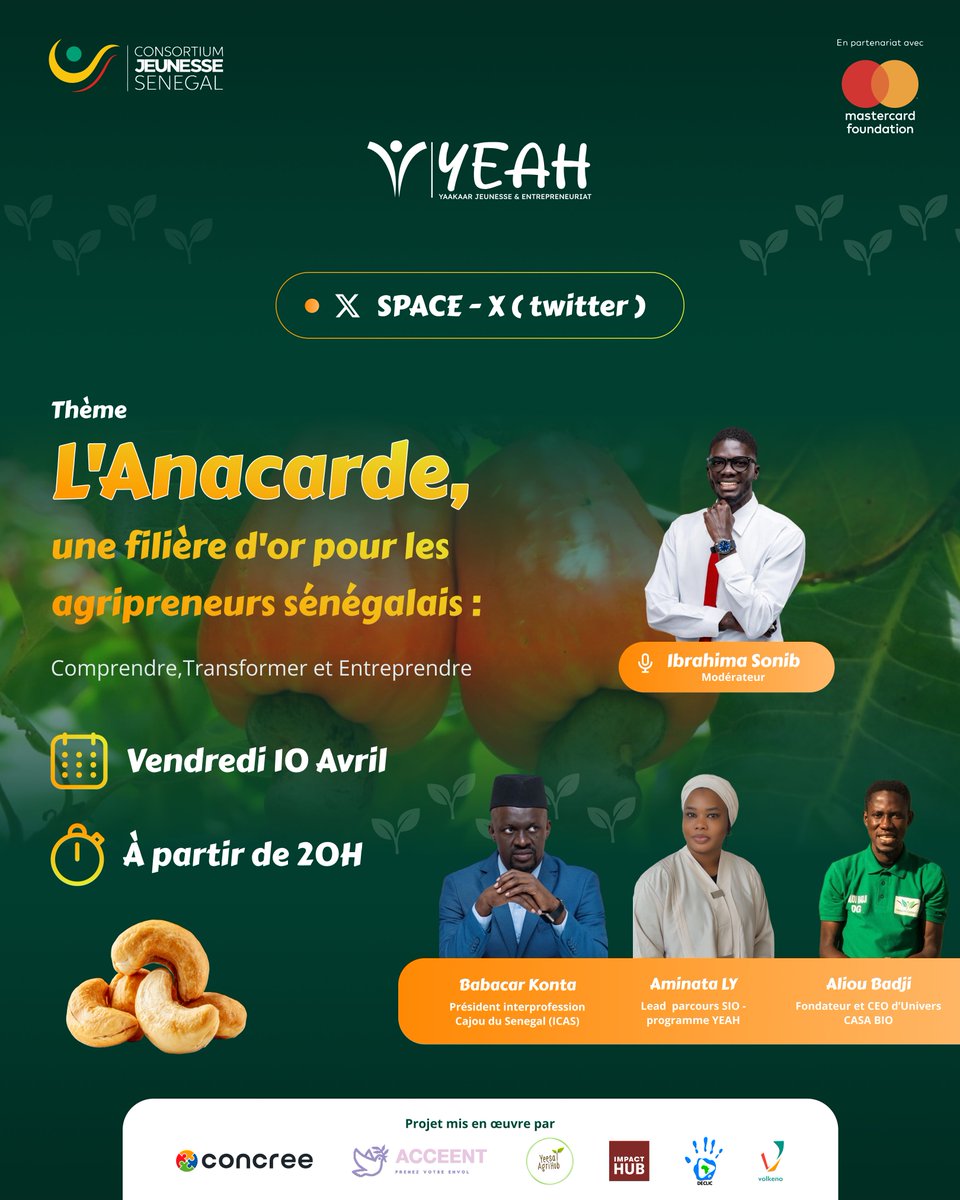 startupconcree's tweet photo. L'anacarde est l'une des filières les plus prometteuses pour les jeunes agripreneurs sénégalais.  Rejoins-nous demain pour  décortiquer ensemble cette filière d'or : Comprendre ses rouages, Valoriser, Transformer et Entreprendre concrètement
https://t.co/VGlC0uFXt0
#kebetu https://t.co/QR4k1PfEBG