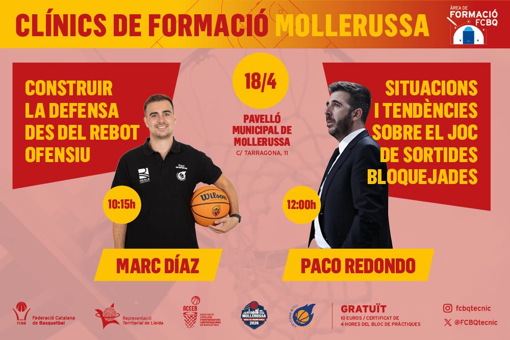 FCBQtecnic's tweet photo. FORMACIÓ CONTINUADA l Clínic de Formació Mollerussa
📆18 d’abril del 2026  
🕢10:15h i 12:00h
📍 Pavelló Municipal de Mollerussa
🗣️ Marc Díaz i Paco Redondo 
🎟️ Gratuït / 10 € certificat pràcticum  
💻https://t.co/4Pzzq9P3MF https://t.co/RbjYs3FCwb