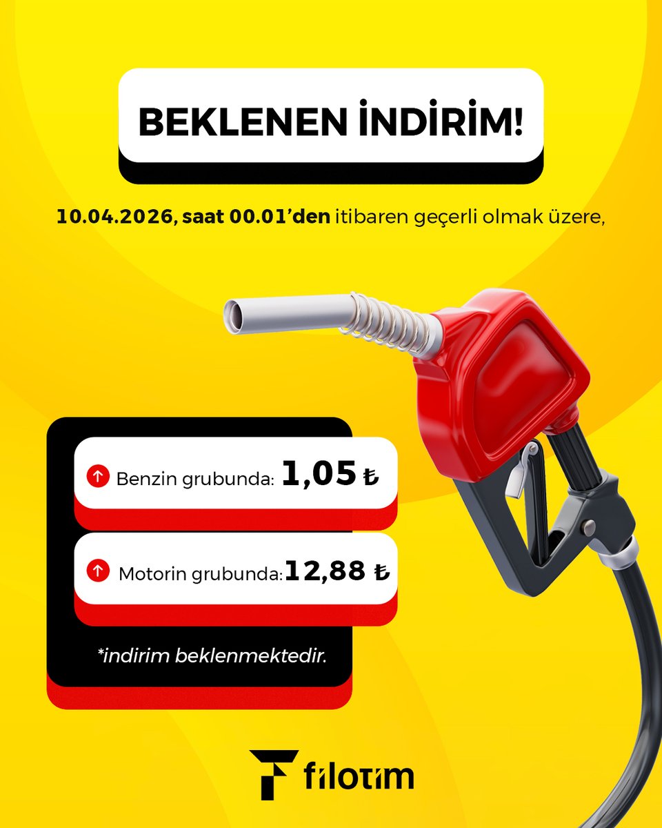 Filotim's tweet photo. Beklenen Haber!

10.04.2026, saat 00.01'den itibaren geçerli olmak üzere,

Benzin grubunda 1,05 ₺,
Motorin grubunda 12,88 ₺ indirim beklenmektedir! https://t.co/Lbtb8Uue0U