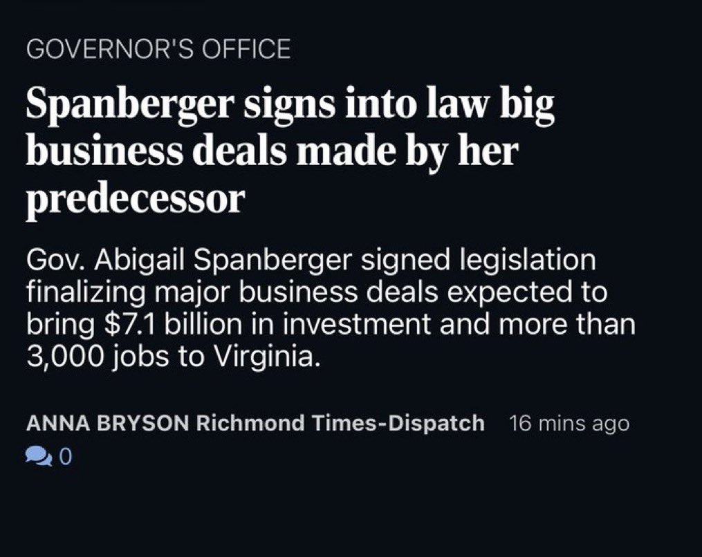 Abigail Spanberger taking credit for <a href="/GlennYoungkin/">Glenn Youngkin</a>’s business deals might be the most telling example of how terrible her governorship is going. 

She has nothing positive to talk about, she knows she’s broken every promise she made because she’s not really running things (Lucas