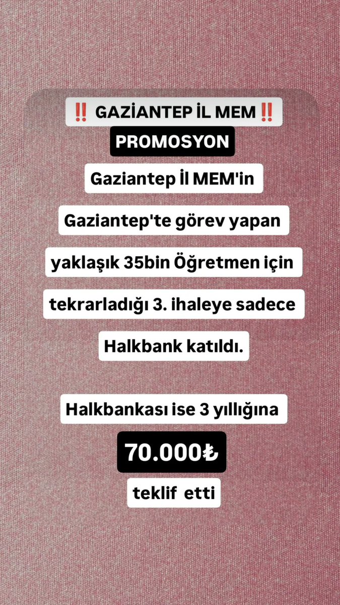 Gaziantepte ~35bin Öğretmen için 3. kez tekrarlanan promosyon ihalesine sadece Halkbank katıldı.

3. İhale Şartnamesinde 80.000 ₺ taban teklif koyulmasına rağmen ihaleye sadece Halkbank katılarak 70.000₺ teklif etti.