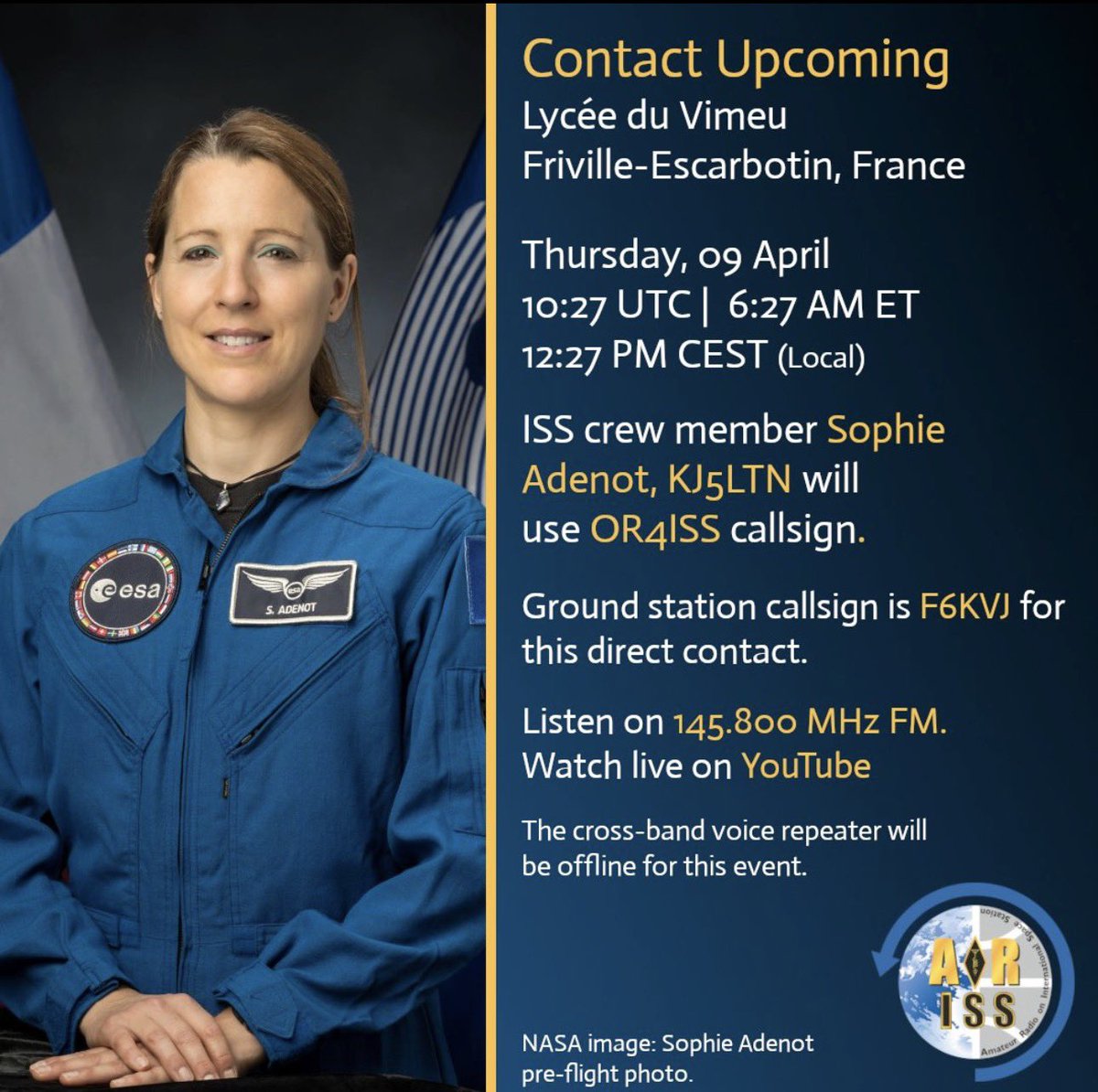 t_sdbeck's tweet photo. #ariss @ARISS_Intl @Soph_astro @issfanclub Received the ISS by ham radio in Bavaria Germany today on April 9th 2026 with my Baofeng UV-5R at 10:28UTC https://t.co/v6ts7qjDXo