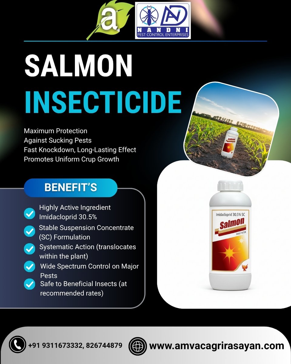 agrirasaya20327's tweet image. Salmon Insecticide is a powerful and effective solution designed to protect crops from harmful pests.

#Insecticide #CropProtection #Agriculture #PestControl #FarmingSolutions #HealthyCrops #AgroProducts #FarmCare #PlantProtection #AgriBusiness