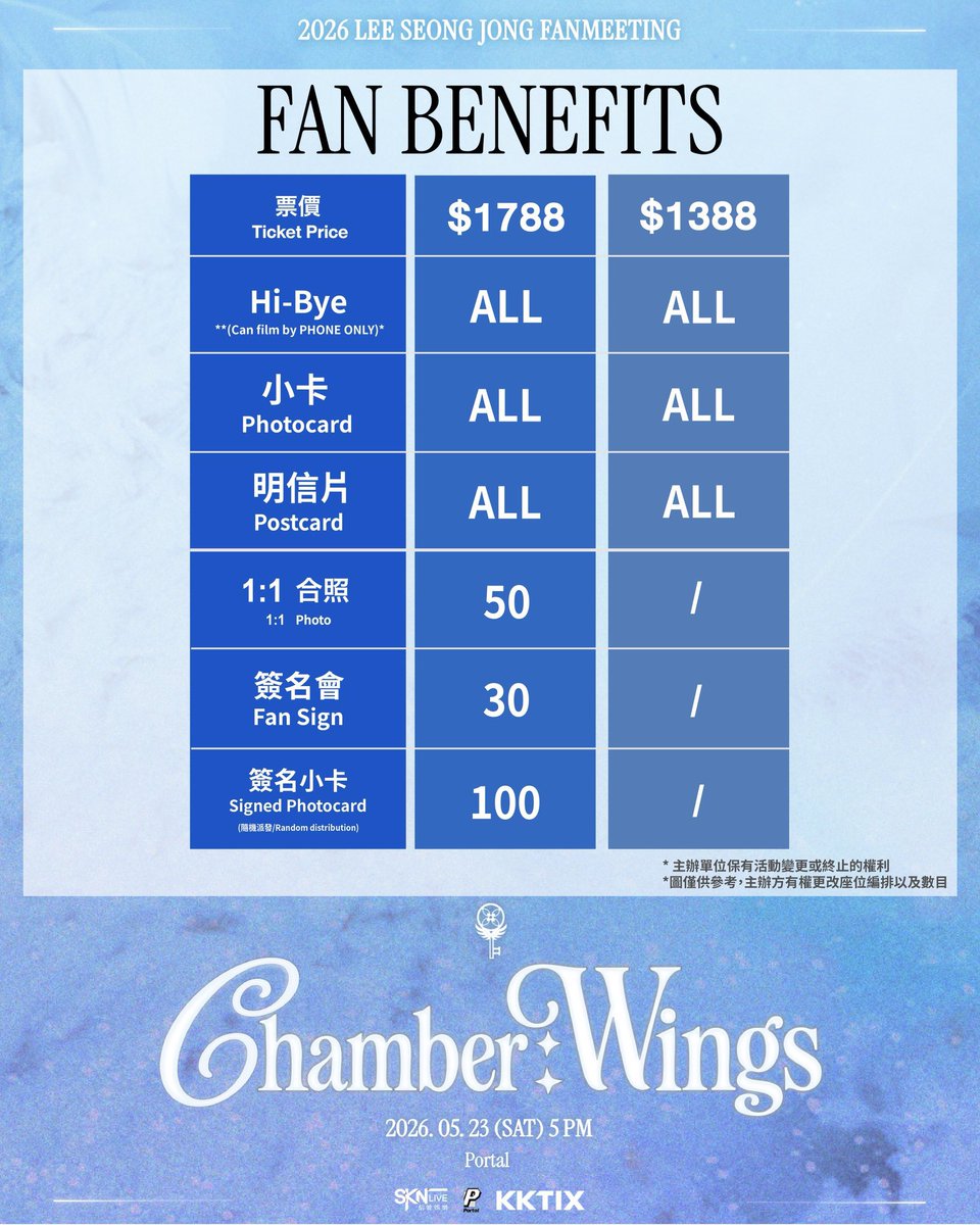 2026 LEE SEONG JONG FANMEETING [CHAMBER : WINGS] IN HONG KONG

📅 MAY 23 2026, 5PM 
📍 Portal
🎫 HKD $1788 / $1388

🔗 Public sale:
APR 17 2026, 11AM via KKTIX

<a href="/sknlivehk/">SKN LIVE</a> 
#이성종 #성종 #LEESEONGJONG #SEONGJONG #李成種 #인피니트 #INFINITE 
#LEESEONGJONGinHK