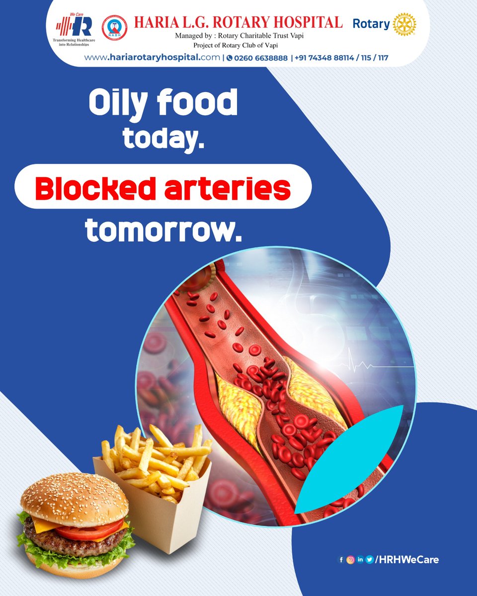 hrhwecare's tweet image. Oily food today 🍟
Blocked arteries tomorrow ⚠️

Choose wisely, your heart will thank you ❤️  
📍 Haria L.G. Rotary Hospital, Vapi
📞 0260 6638888 | +91 74348 88114 / 115 / 117
🌐 hariarotaryhospital.com

#HeartHealth #EatSmart #HealthyChoices #HRHWeCare
