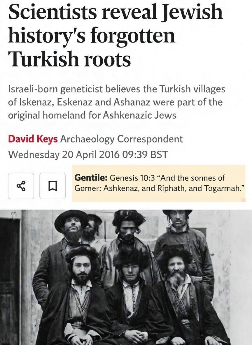 lmh_harmony's tweet photo. So are the Jew-ish (like a jew) people the real Gentiles?

Genesis 10:3 “And the sonnes of Gomer: Ashkenaz, and Riphath, and Togarmah.” https://t.co/5ozLi14vqi