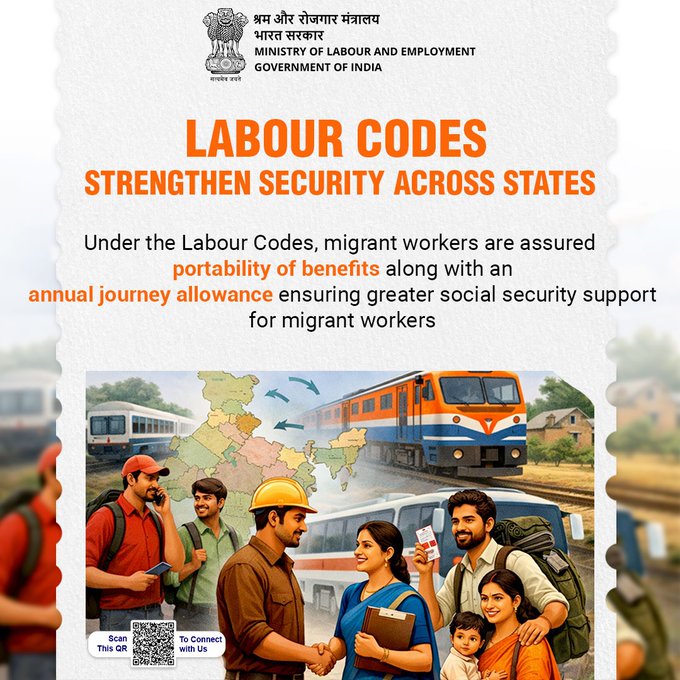 Under the Labour Codes, inter-state migrant workers are ensured portability of welfare benefits along with an annual journey allowance-supporting them wherever they work. 💼
 #LabourReforms4NewIndia